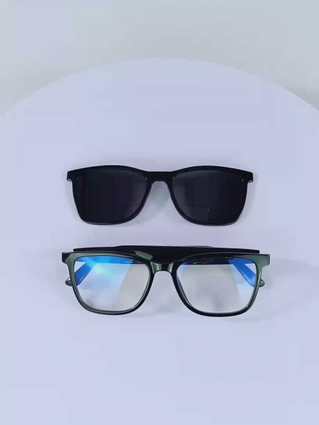 Beatlens Vibe Smart Glasses with interchangeable UV400 polarized and blue light filtering lenses on a white background.