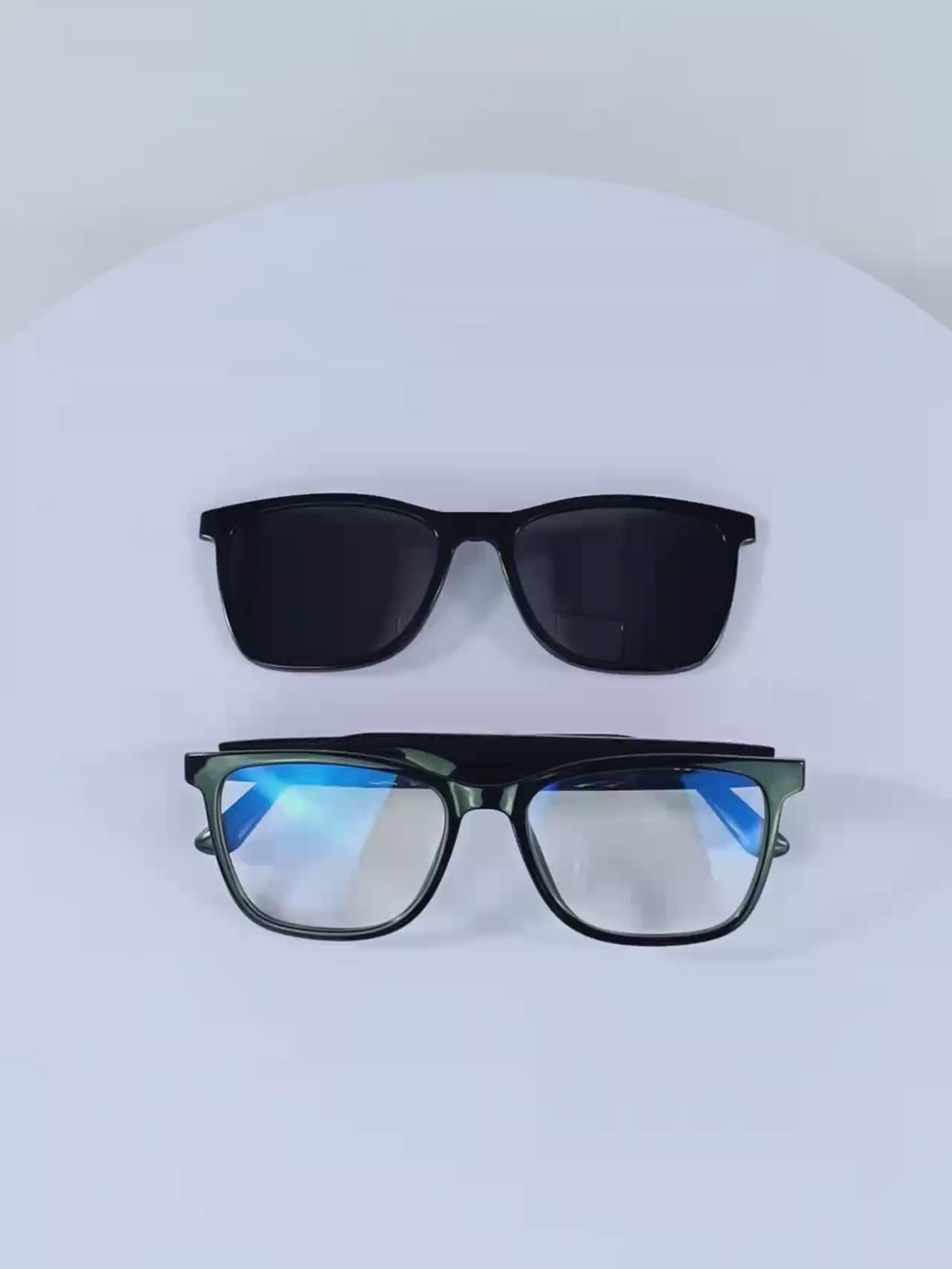 Beatlens Vibe Smart Glasses with interchangeable UV400 polarized and blue light filtering lenses on a white background.